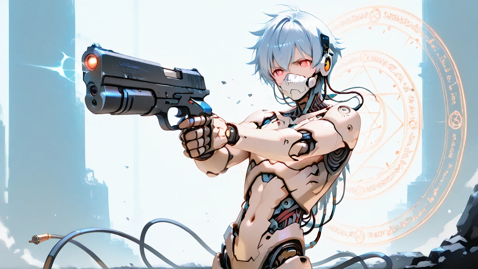 (score_9, score_8_up, score_7_up, score_6_up) BREAK human, humanoid, anime, anime style, line art, thick line, thick line art, outline, thick outline, robot, android, android skin, barcode tattoos on the body, (broken neck:1.4, damaged belly:1.2, damaged arms:1.2), broken chest, solo, male, young, boy, shota, shotacon, nude, athletic, thin waist, white skin, short messy white hair, white fox ear, white fox tail, cute young face, talking, black mouth, glowing blue robot eyes, hard nipples, massive erect black penis, erection, foreskin, dripping precum, component, chip, circuit board, mechanical parts, mechanical component, holster, gun, handgun, holding handgun, hand holding handgun, exploring, exploring the forest, in forest, forest background, angry expression, looking away, BREAK good quality, best quality, high quality, high definition, hd, 4k, 8k, masterpiece, good proportion, perfect proportion, good anatomy, perfect anatomy