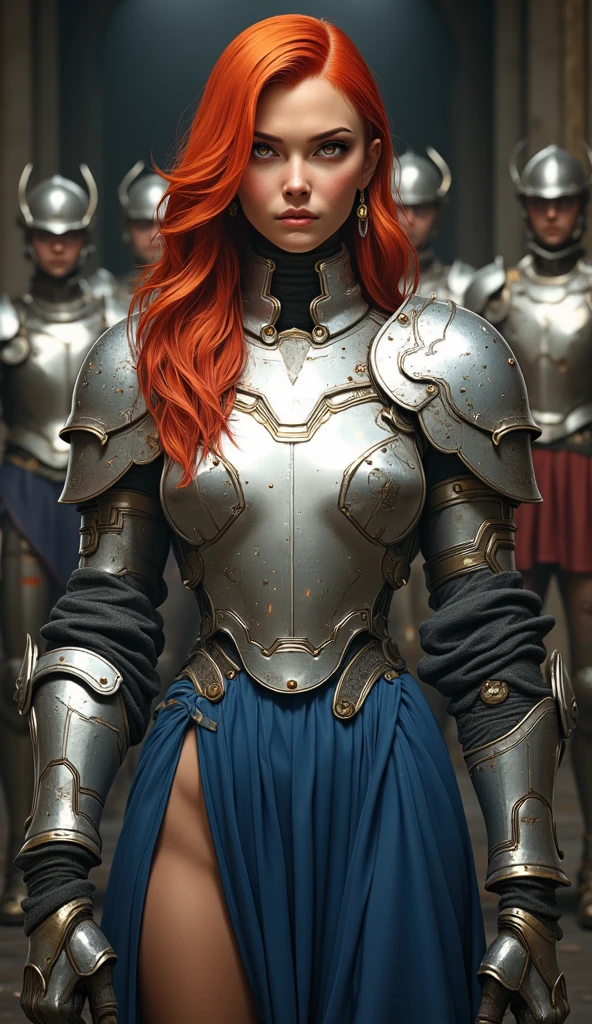 (absurderes, high resolution, ultra detaild), a beautiful adult woman, with finely detailed eyes, long red hair, and amber eyes. She is wearing worn iron armor that looks old., but with a sexy design that highlights your feminine curves. showing the whole body, the armor is shaped to accentuate your figure. She is standing, with a confident pose and a hand on the waist, exuding strength and elegance.
