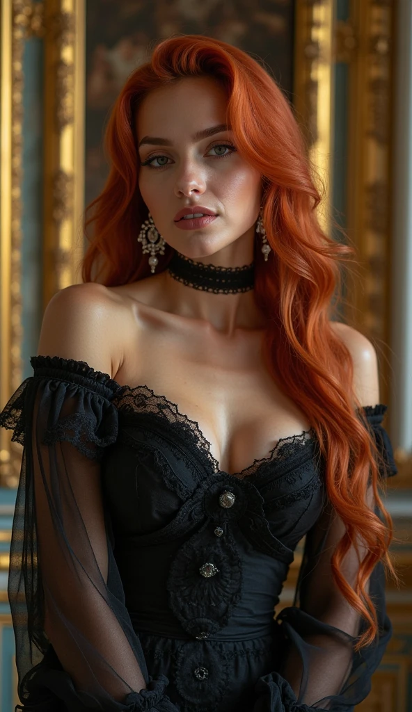 ultra realistic, photography, long red hair, girl, 24 years old, hourglass figure, perfect body, natural medium breasts, Flirty look, extremely detailed artgerm, in the style artgerm, facing the camera, lens 35 mm, blur background, masterpiece, super detailed, detailed face, beautiful eyes, detailed eyeshadow, lip details, red lipstick, full body, wavy hair, Wearing a black sheath dress, turtleneck, revealing legs, sexy legs, great cleavage, she is wearing black elegant high heels, she is a femme fatale, sitting on a chair, her legs crossed, she is holding one (1) cigarette in her hand, full body shot, wide angle, zoomed out,