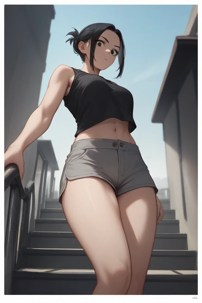 ((1girl)),((alone)), komi shuuko,(masterpiece), (best quality), (ultra detailed), (best illustration), (best shadow), (absurdities), sharp focus, cowboy shot , dynamic posture looking at the viewer, big breasts, narrow waist, wide hips, wide thighs, round butt, erotic, romantic, (very detailed eyes, lips 1.1), very detailed eyes, eyes, Very detailed face, Very beautiful face, height full, beautiful slim figure, femininity, expressive appearance, elastic big breasts, increased sexuality, ((short hair)), wavy hair, dark purple hair, parted on the left side of the head, dark purple eyes, smiling, seductive, makeup , light pink lipstick, jewelry, ring, white cropped shirt, outstanding shaft top, collarbone, yoga pants, tight pants, thigh gap, thick thighs, black pants, denim shot, defined body, perfect and beautiful body, perfect and beautiful, closed mouth, smile, seductive smile, blushing, (sexy pose: 1.2), ((solo)), standing: 1.3, outdoor, cityscape, streets, city, night, city lights looking forward, ( (focus on breasts)), point of view: (from Middle), red blush, perfect anatomy, perfect hands