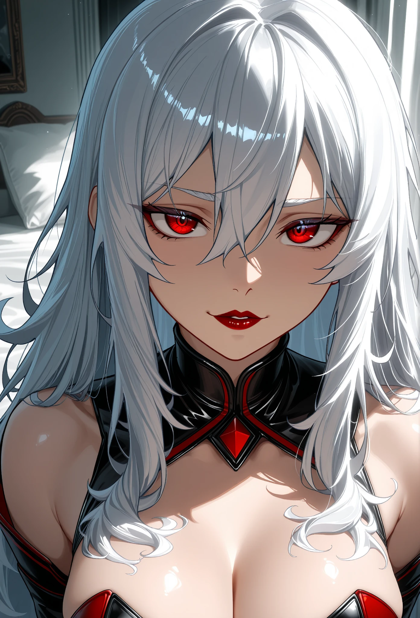 vampire, red alchemy potions,  red alchemy potion, potion bottle, glowing red potion, masterpiece, best quality, ultra-detailed, illustration, ultra-detailed face, best quality face, evil, 30 years old, adult, 1girl, 30 years old,  no human, white hair, alchemy outfit, intricate detailed outfit