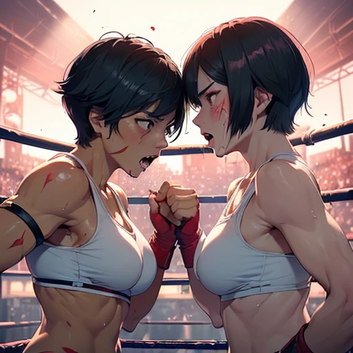 two girls. pretty young japanese girl fighters are fighting so hard. they are naked and bloody they have boxing in a ring. they are bashing each other. punchs are hiting their body. they are groggy. they have short-cut black hair, shortness of breath, drool from her mouth, one closed eye, exhaustion, and sweat soaked. open finger grobe. Muscularity. Six pack abs.