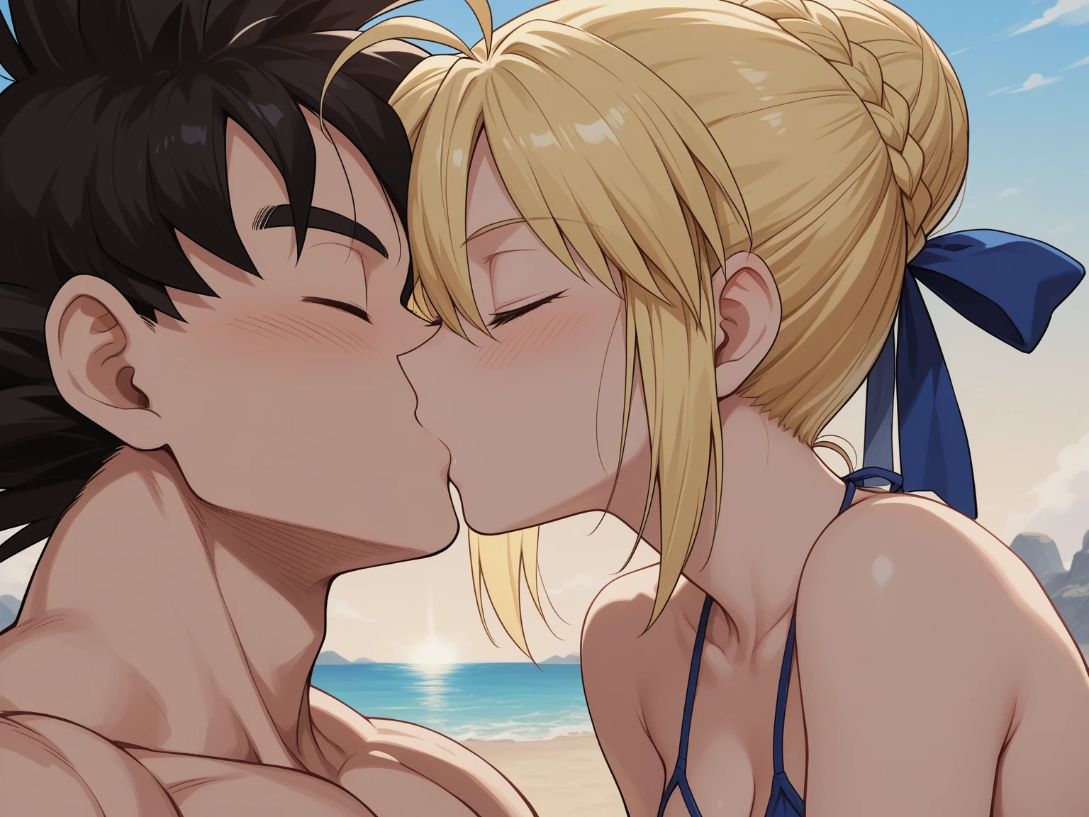 hi res, masterpiece, 8k, nsfw, detailed face, kagamine rin, gigantic tits, dark tan skin, dense blonde pubic hair, naked, sunglasses, sweating, orgasm face, reddened face, moaning expression, closed eyes, palm beach, sunset, (french kissing a man: 1.6)