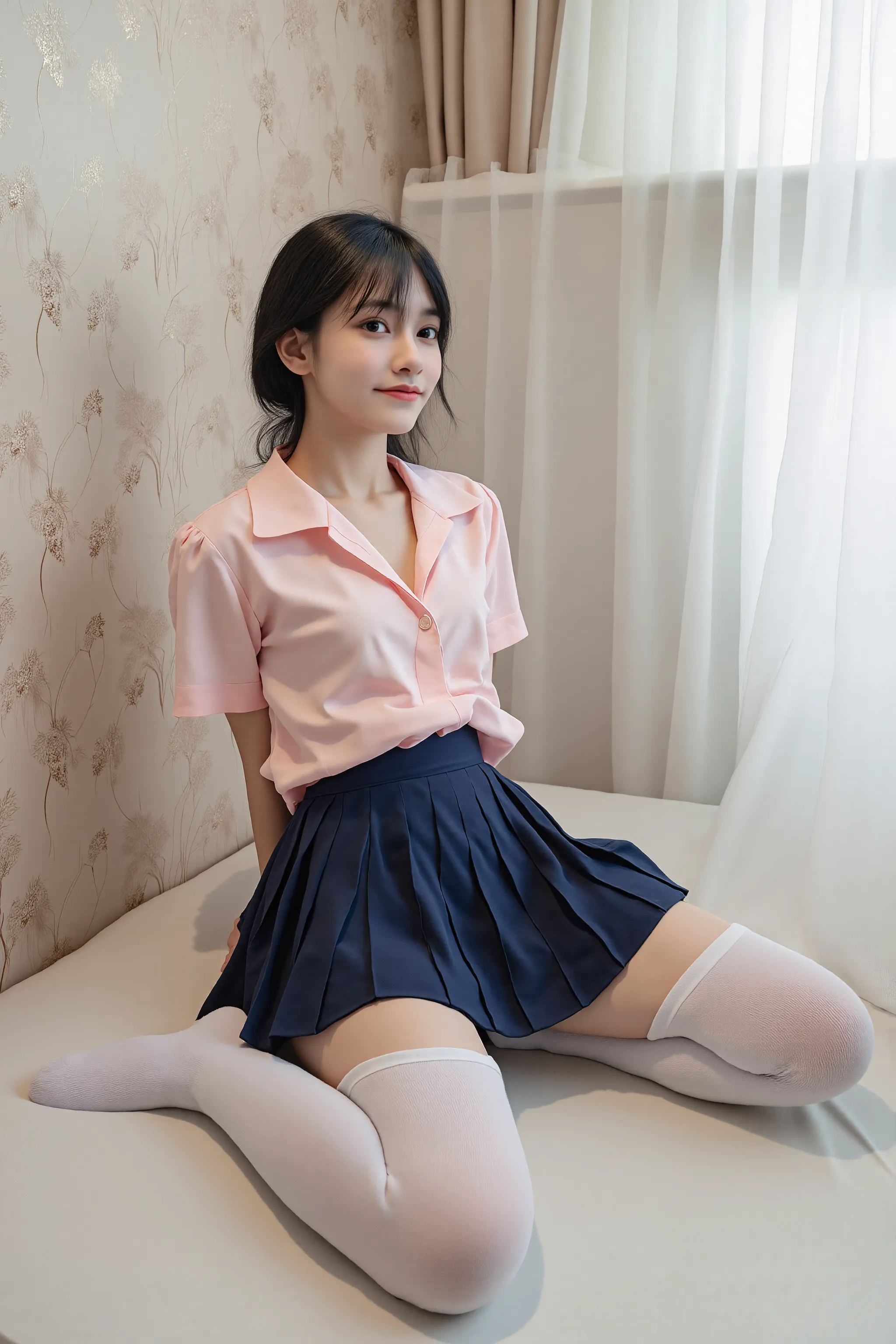 High image, clear image, classroom, 1 woman, 23 years old,white blouse,navy plaid skirt,pink frill panties, sitting in a chair, spread legs, panties shot