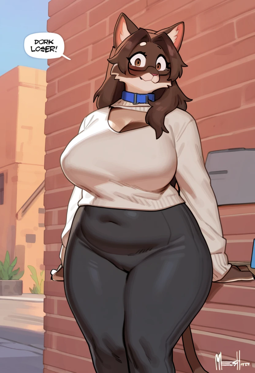 By chelodoy, by zaush, by bebebebebe, by spuydjeks, by meesh, by bigcozyorca, solo, female, muscular, canine, hair, snout, wide hips, standing, smiling, baggy hoody, outside, neighborhood, fall, autumn. ((Huge tits)) good hands knee high socks ((huge bulge)) ((thicc)) lewd