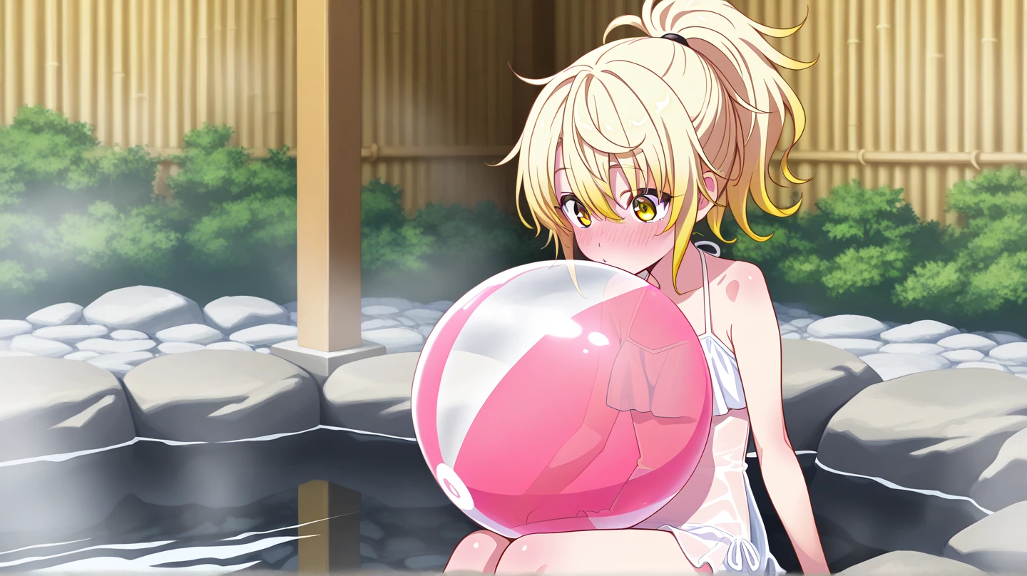 1girl, nsfw, houjousatoko, short hair, blonde hair, purple eyes ,hairband, smile , large breasts, nipple, Running, ,, Heavy snowfall area frozen wet mountain Alone, , Naked, solo, 1girl, amusement park , Peeing, lactation, projectile lactation