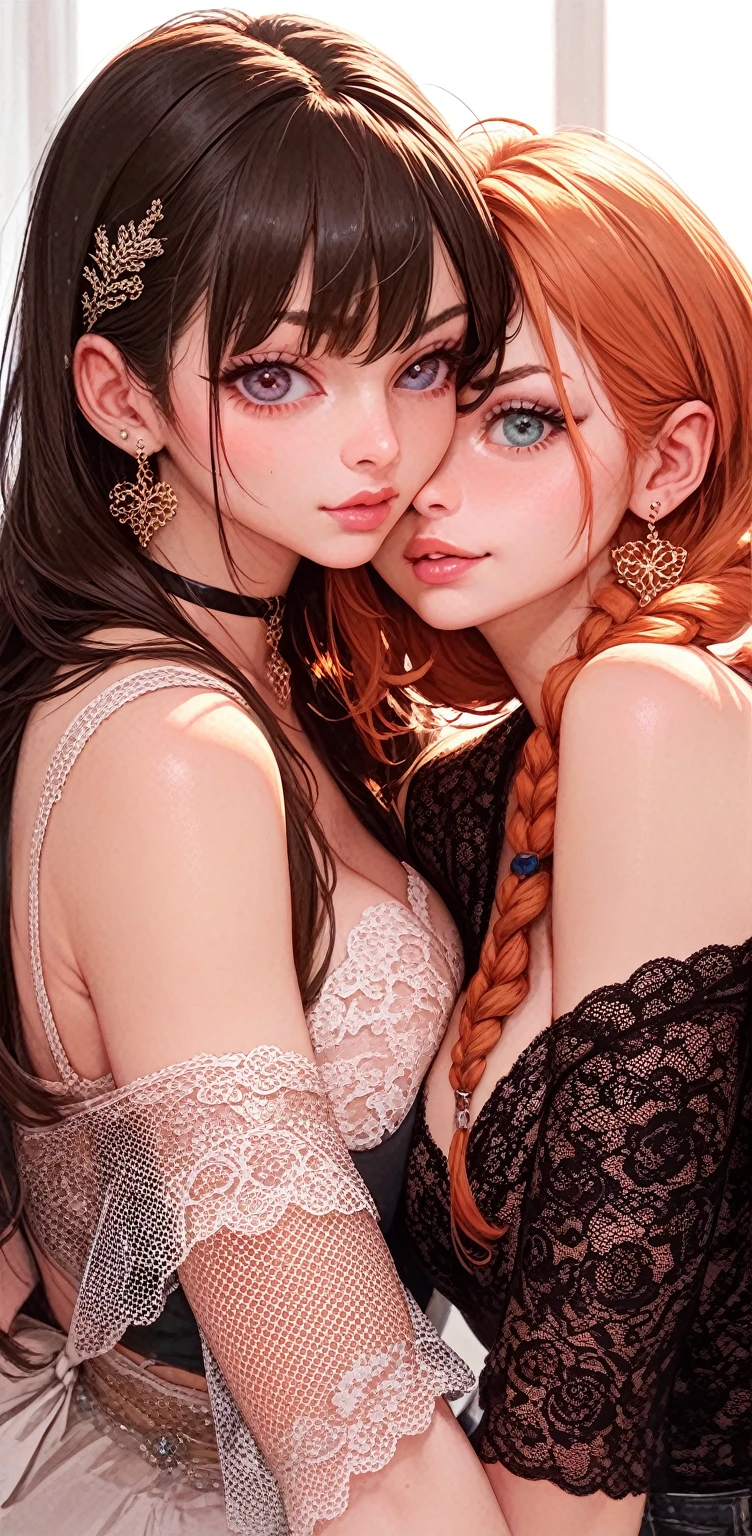 (((full medium shot))), (Masterpiece, photorealistic, photorealism, best quality, ultra-detailed:1.3), (nice hands, perfect hands), official art, cinematic light, (1girl:1.3), adult, solo, beautiful"bad girl",long hair, breasts, looking at viewer, cleavage, bare shoulders, jewelry, medium breasts, red hair, earrings, choker, necklace, lips, makeup, lace trim, lace,
