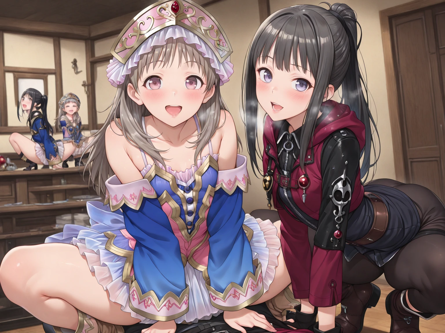 ecchi anime style, ecchi style, azur lane style, visual novel key visual, anime girls in underwear posing for a picture, ecchi anime style, hololive, ecchi, in clothes! highly detailed, visual novel cg, high school girls, upskirt, panty, anime maids riding early tanks, high detail