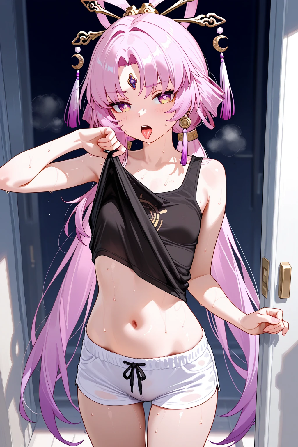 (masterpiece, best quality),female young adult, sinewy, native hawaiian, black eyes, stretched ears, long nose, unusual cheeks, sculpted calves, smoky eye makeup , silver curtain bangs hair, envy wearing seamless boyshorts, crochet crop top, , wrapped in a sheet, wrapped in a sheet with a sultry glance, creating an intimate and enticing pose, starry sky, a dark background with twinkling stars, setting a magical and romantic tone, a vibrant farmer's market, bustling with people and colorful produce, (masterpiece, best quality), 1girl, pink hair, crop top, denim shorts, bedroom, striped thighhighs,