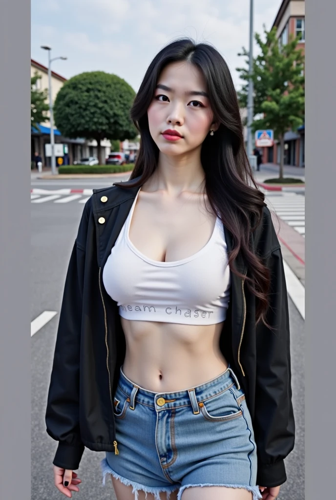 Photorealsitic、1girl in, a navel, Look at viewers, put hands on the hip, Black jacket, Dolphin Shorts, Rat trail section, (white  shirt:1.2), Braids, Very long hair, Wide waist,
under the boobs、The shirt、
Big\(BodyProportions\)、In the street、in front of crowd