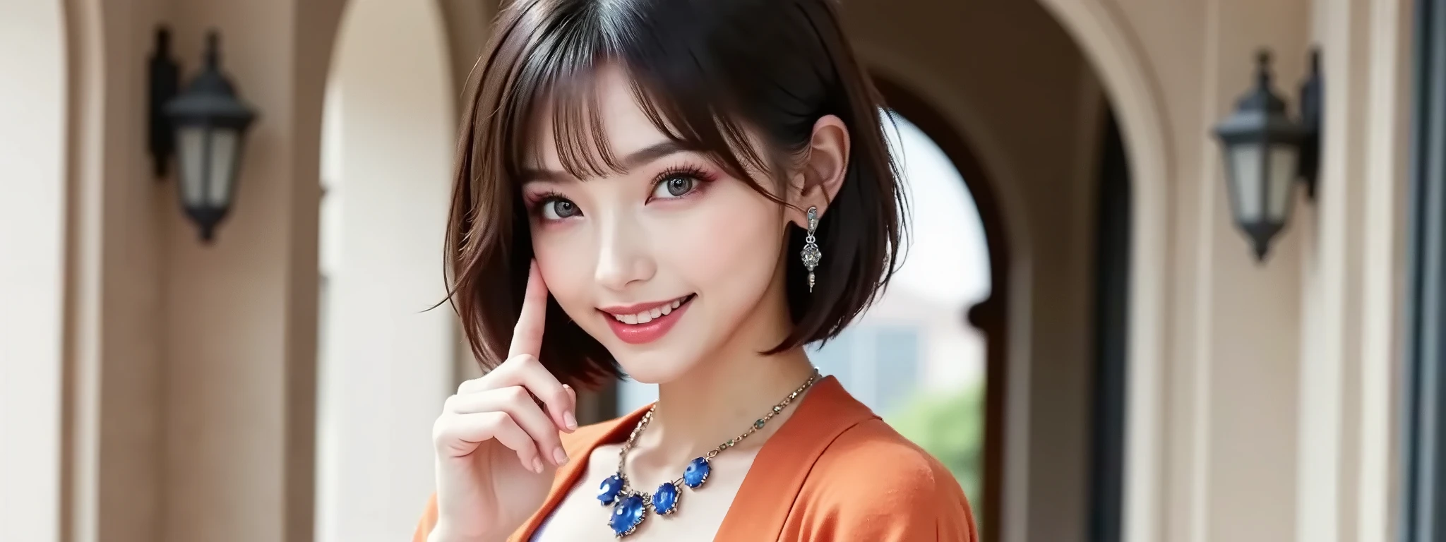 The entrance to a luxurious Western-style hotel, There is a large, white door, the door is closed and intricately decorated,a woman standing in front of the door , gorgeous and flashy orange no-shoulder dress, orange sheer coat, ((Pose with 2 fingers close to your face)), biologically perfect hands, pretty finger, large blue jewel earrings, large blue jewel necklace, Heavy eye makeup,a bright and energetic smile