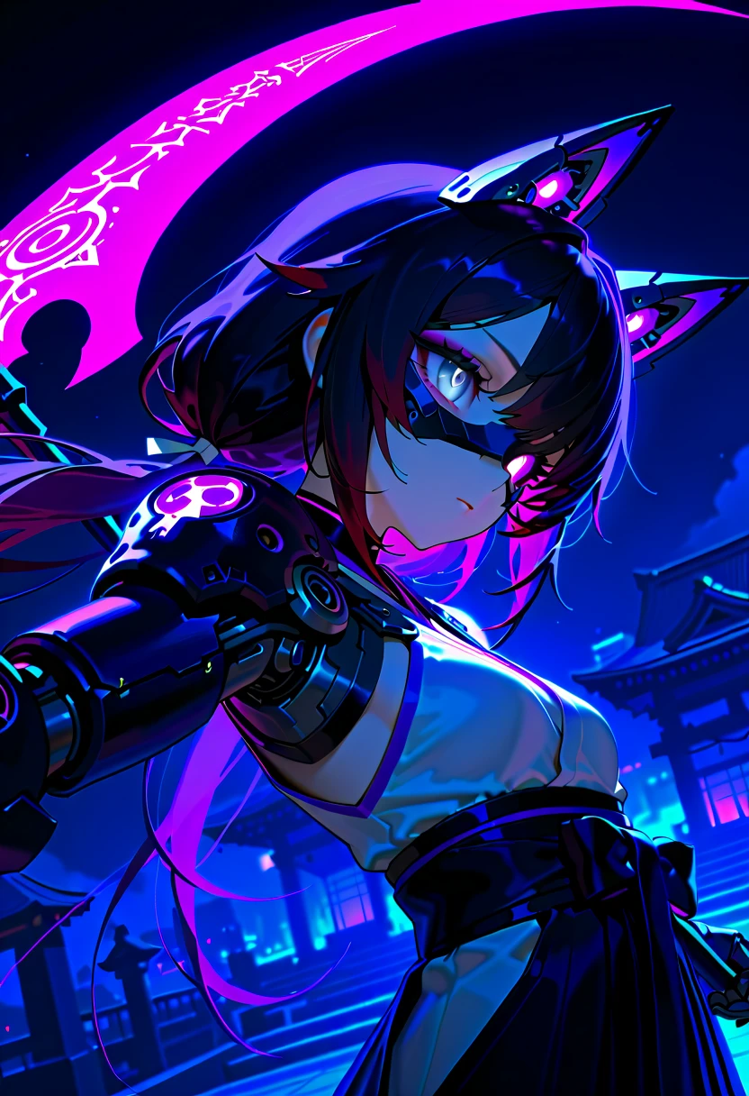 (1girl:1.2), solo, wearing a stylish futuristic outfit, highly detailed armor, (mecha elements:1.1), neon accents, wielding a large sword, [expression: fierce and determined], intricate accessories, intricate hair details, cyberpunk aesthetic, soft and smooth shading, in a low-angle shot, highly detailed, sharp lines, clear anime art style, (highly detailed background:1.2), soft rim lighting, depth of field, professional artwork, key visual design, dynamic lighting and shading.