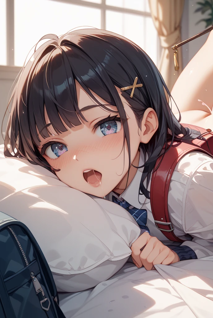 a japanese yandere girl in crass room,tight japanese blouse type school wear,lying back on school desk,open legs,tilting her head back,black bob hair,big breasts,needy face,gaze to me with fever eyes,wait for be breeding,emotional heart effects