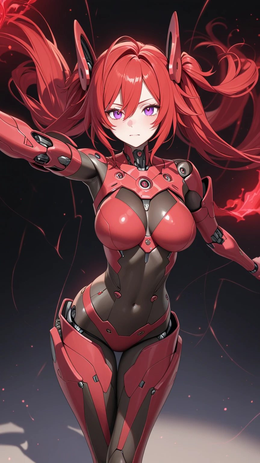 science fiction, android girl(metallic skin, cyber joint, coating red hair, red flash eyes)
