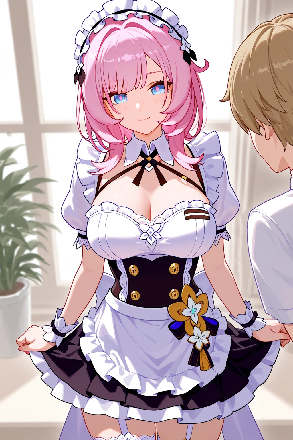 score_9,score_8_up,score_7_up,score_6_up,score_5_up,score_4_up,anime BREAK 1girl, mika jougasaki, 1girl, pink hair, long hair, ponytail, sidelocks, hair between eyes, yellow eyes, eyelashes, medium breast, nsfw, ass, 1boy, sex, penis reverse cowgirl position, straddling, torso grab, cum dump, cum drip, rating: explicit, maid, short sleeves, maid apron, maid headdress, black thighhighs, enmaided, frilled, whit apron, partially unbuttoned, no panties, open skirt, breasts, breasts out, nipples, pussy, vaginal, in luxurious reception hall, zPDXL, zPDXLxxx,