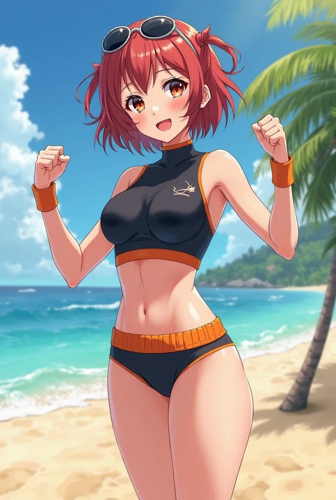 (((masterpiece、Highest image quality、highest quality、highly detailed unity 8kwallpaper)))、((Illustration of one girl))、(((beautiful girl)))、((orange hair、side ponytail、sidelocks:1.4、orange eyes))、(((stocky build:1.5, thickset physique:1.6, muscular legs, broad shoulders:1.6, solid chest:1.5)))、(((Orange hair、hairy armpits:1.8)))、(armpit hair:1.4)、swimsuit、sandy beach