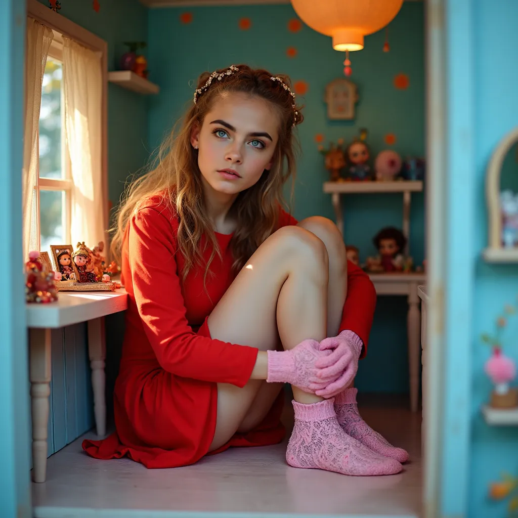 الفتاة المتكورة في منزل اللعب الصغير