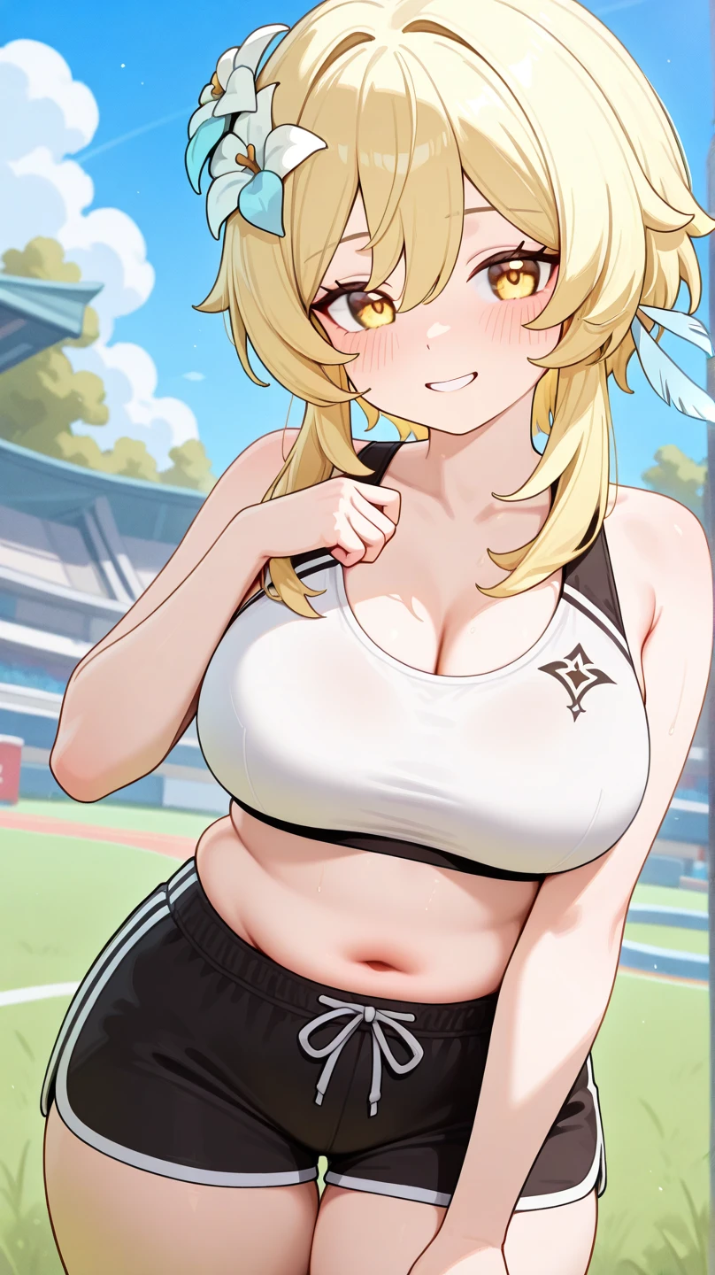1girl, wolf ears, wolf tail, blonde hair, tan, tan skin, large breasts, thick thighs, yellow eyes, ponytail, sportswear, toned, hourglass figure, mature female, smile, sports bra, highleg, bare legs, light smile