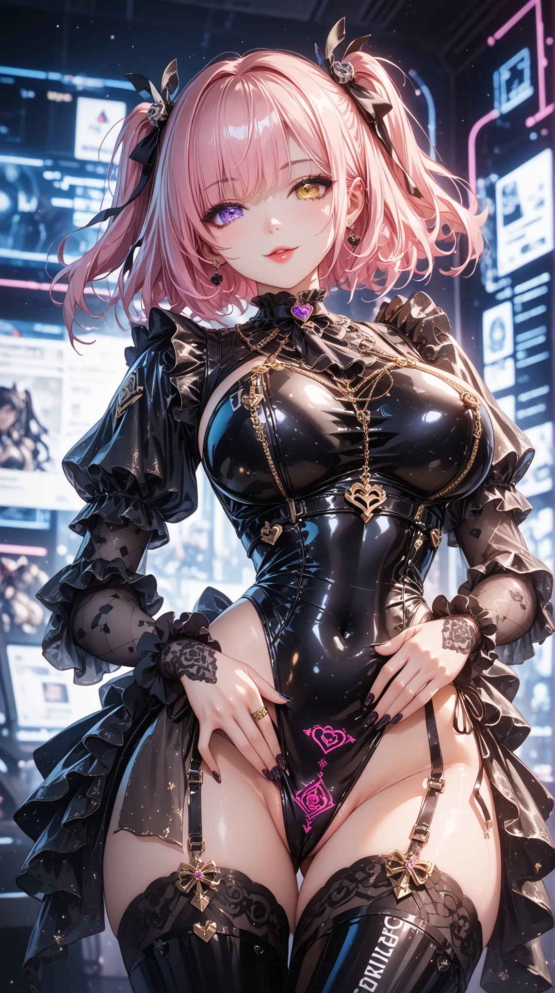 (Masterpiece, BestQuality:1.3), (ultra detailed:1.2), (hyperrealistic:1.3), (RAW photo:1.2), High detail RAW color photo, professional photograph, (Photorealistic:1.4), (realistic:1.4), professional lighting, perfect anatomy, (Big Breasts:1.2), (blush, detailed face), (cheerful Smile:1.5), (Pink Hair:1.5), Trending Hair&Trending Hairカラーをランダムに, earrings, necklace, bracelet, sexly, erotic sexly, Random sexy gravure poses, (A beautiful woman wearing a black dress in Gothic Lolita fashion、In an old church, her dress is open and her breasts are completely exposed.。: 1.3)