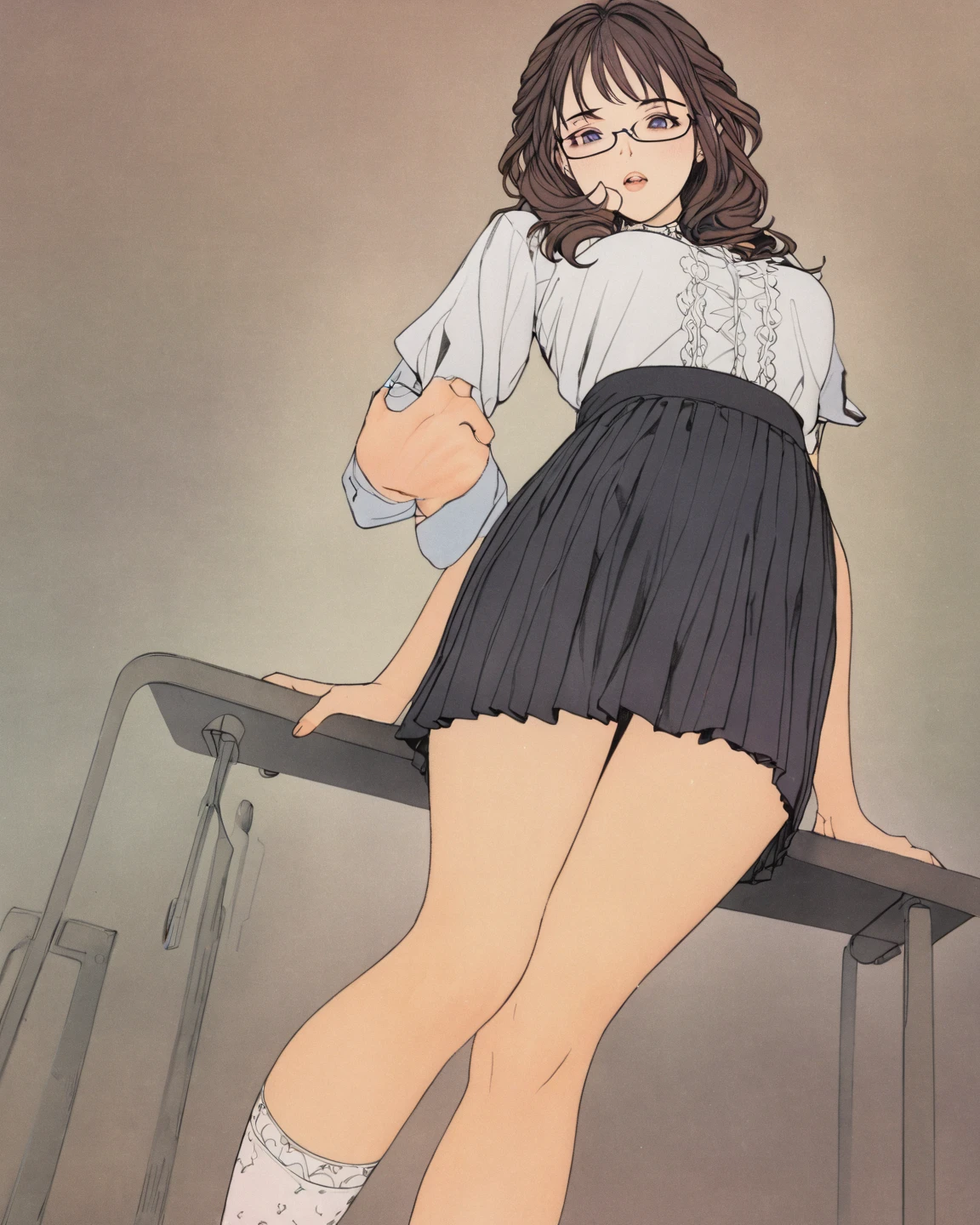score_9, score_8_up, score_7_up, score_6_up, 1girl, gorgeous girl , Sadayo Kawakami , Kawakami from Persona, cute face, cute girl, short curly hair, blushing, choker , small breast, pencil skirt, glasses, crossed legs, sitting chair, black high socks, high heels, white shirt,cleavage, (slim fit), low height, petite body, small hips, sexy legs , sexy , sexy thighs , sitting, posing , dynamic view, boob focus , pinterest, wallpaper art , artstyle, 2d_drawing_style, BREAK
bedroom background, black knee high socks,