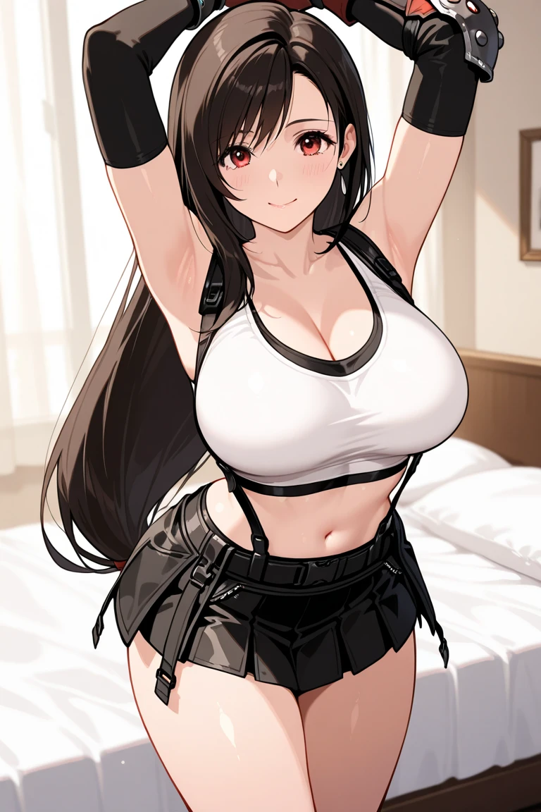 masterpiece, best quality, perfect anatomy, 4k resolution, (Tifa Lockhart), holding crotch, blushing, embarrassed, large breasts