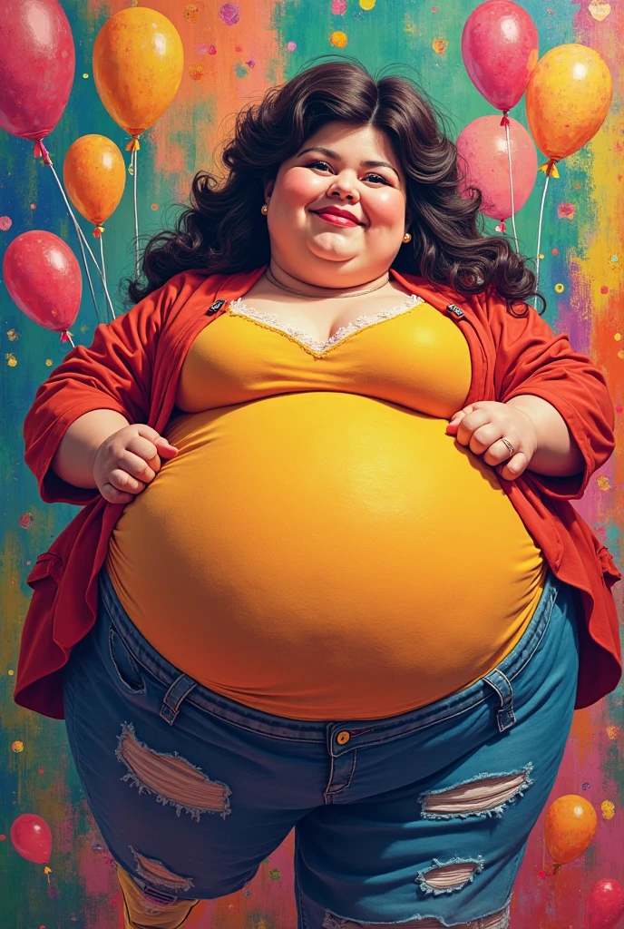 Carla Tice, woman with an ugly body, bigger than a building, too fat, sick fat, giant ass, gorda, fat, oversize, giant ass, giant ass, fat, sick, oversize, gorda, over Too fat, no clothes, fat moito, food drool, fair skin and brown hair in bread, exaggerated make-up, drooling over food besundado um biquini vibrante e colorido e saia. He should be in an environment with sweets and processed foods in the background and create a playful atmosphere. Use precise lighting to accentuate your curves and expression