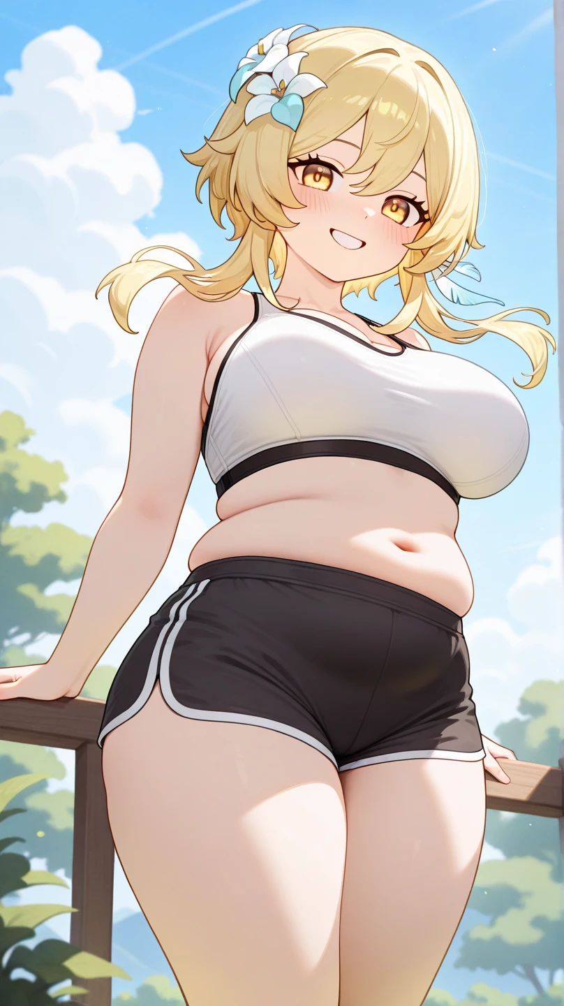 ((Masterpiece)), perfect anatomy, perfect shading, field of depth, (best quality), extremely delicate and beautiful, perfect lighting, detailed face, ultra cute face, cute, (cowboy shot 1.2), (turned to side 1.2), full body, (((1girl))), ((solo)), looking at viewer,
long hair, fluffy hair, orange hair, ponytail, freckles, green eyes, pale skin, sweat, heavy breathing, out of breath, ((blush)), embarrassed, (sports bra 1.5), (sport shorts 1.2), extremely tight clothes, large breasts, cleavage, perky breasts, ((wide hips)), (((thick thighs))), (chubby belly), (plump), (fat ass), ((curvy)),
park, outside, summer, intricate background, detailed background, hand on hip, grabbing belly,