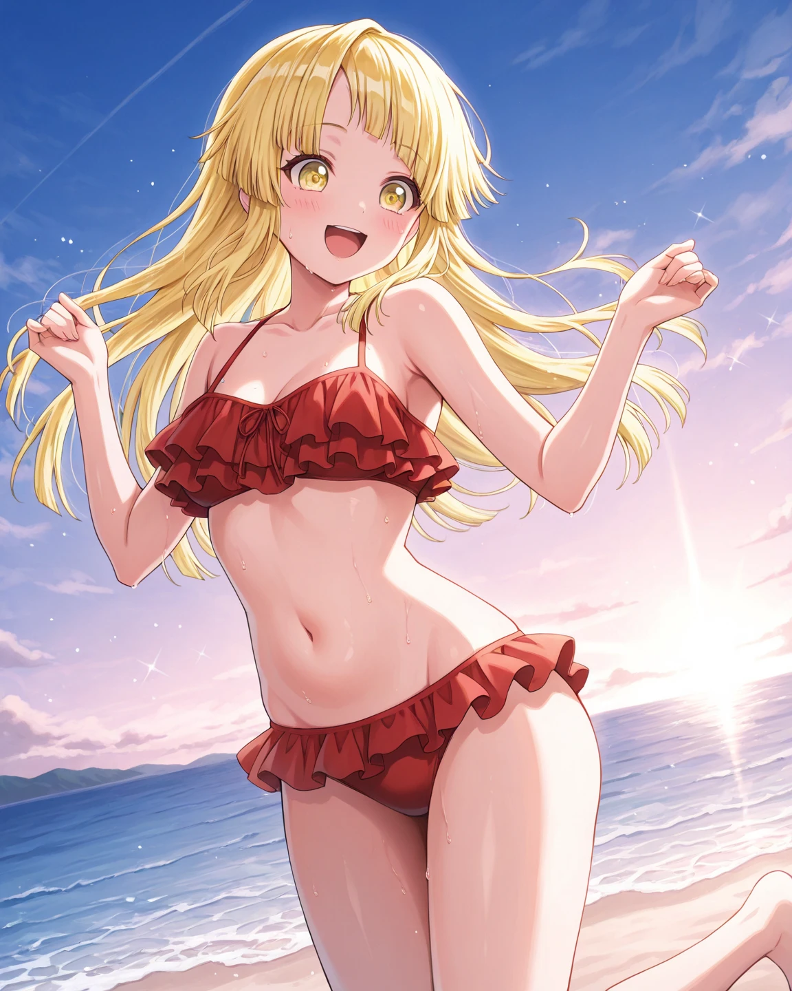  Un hombre en el cuepo de la chica haciendo cosas ecchi en  un primer plano de una mujer en bikini on the beach, Best Anime Girl, oppai, on the beach, seductive anime girl, visual anime of a cute girl, on the beach, Official Art, anime moe art style, Mayuri Shiina, on the beach, official anime yet, Mai Yoneyama, Hiroe Rei, attractive anime girl Yamada mocking smile_yellow, 1chica , by rubio, alone, wide, hair ornament, , smile, bow, red eyes my dress darling anime, beautiful seductress anime anime