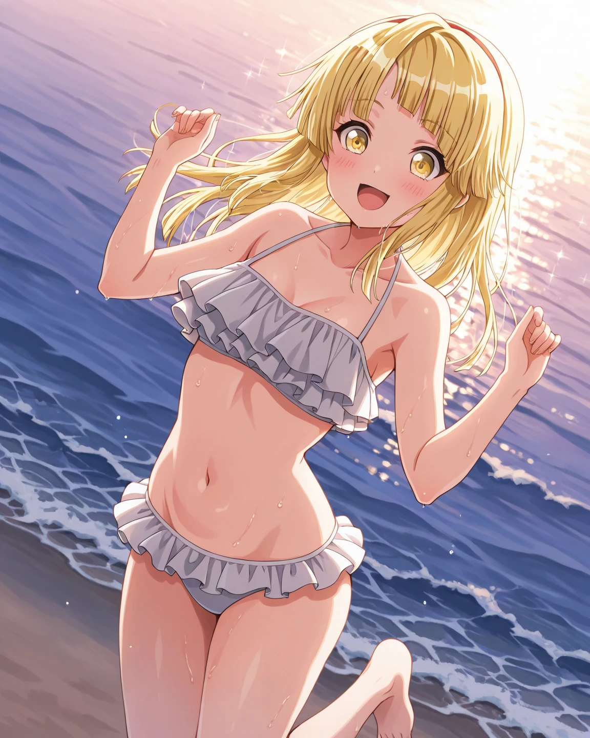 (masterpiece:1.2), (highest quality:1.2), Perfect Eyes, Perfect Face, no background, Sandy Beach, desert, 1gboy, ((((white micro bikini)))), Blonde, Noble long hair, Medium Hair, Blue eyes, , open mouth, front, arms behind head, (sweat:1.2), (Sleepy eyes:1.4), (grin), eyes closed , fang, Sparkling, Particles of light, abs, Dynamic Pose