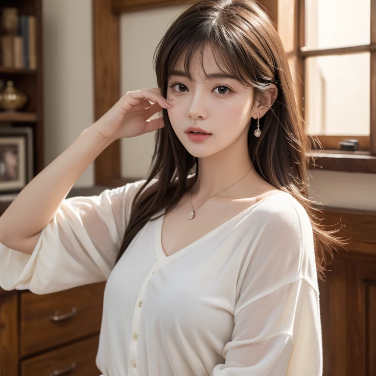 absurdres, RAW photo, extremely delicate and beautiful, masterpiece, Best Quality, ultra high resolution, 32k, hyperrealistic, ultra-detailed, perfect anatomy, anatomically correct, perfect figure, Perfect Style, Perfect balance, super Detailed skin, in her 20s, very Slim body, narrow waist, very small head, very small face, delicate facial features, handsome detailed woman, very detailed eyes and face, realistic face proportions, Realistic beautiful face, Realistic beautiful eyes, tearful mole, earring, very huge round breasts, whole body shot, whole legs, medium hair, asymmetrical hair, indoor, (school_uniform:1.2), cape,