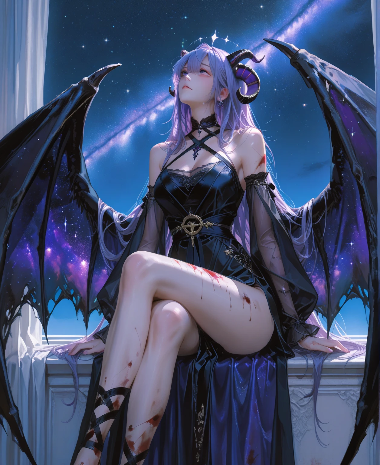 A cute girl with short, wavy light purple hair, stunning purple and blue eyes, and adorable dragon horns, dragon wings, dragon girl, wearing a charming fantasy outfit. cute straps, High resolution, high quality.