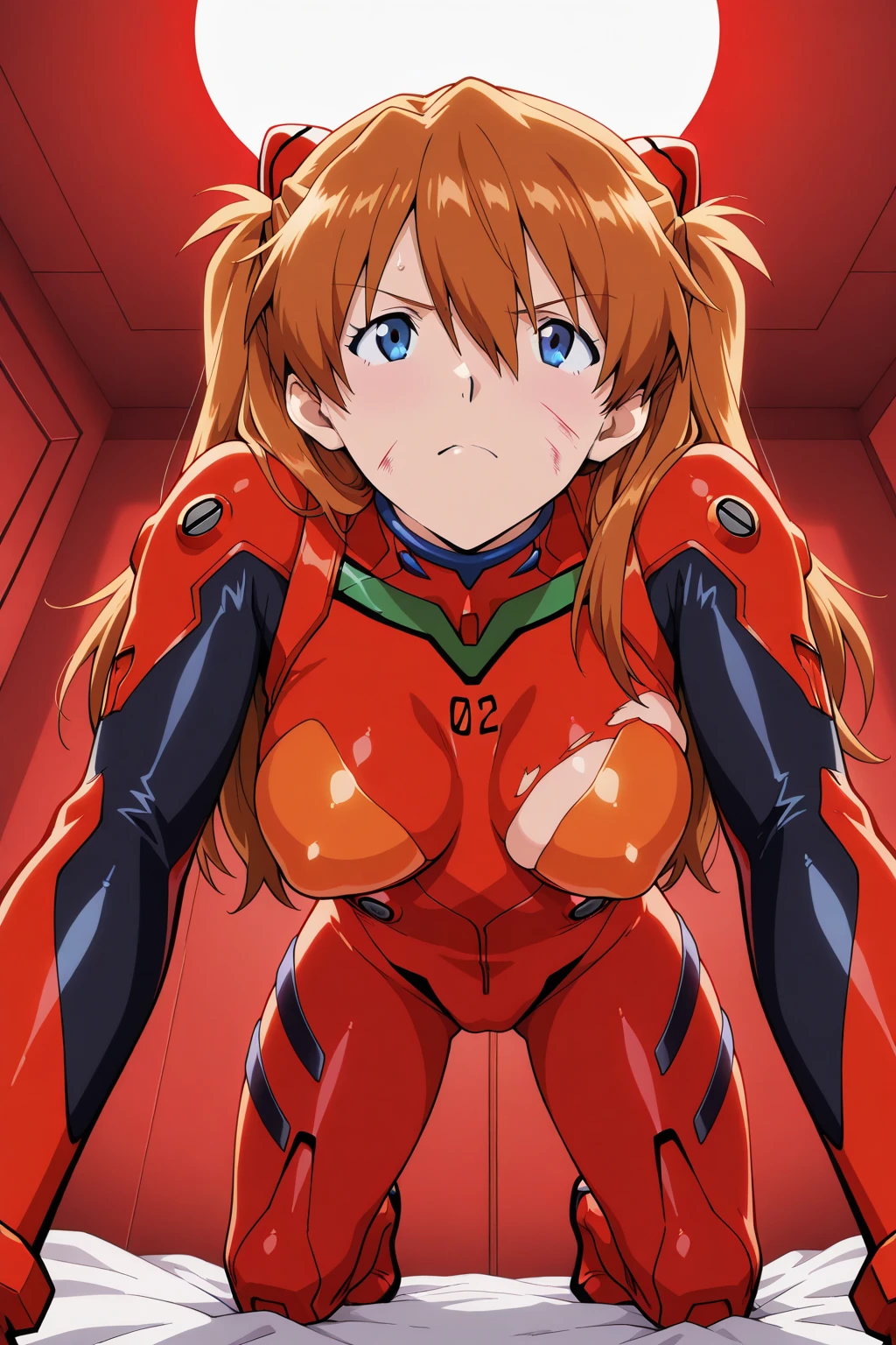 asukalangley, asuka langley soryu, (souryuu asuka langley:1.2), long hair, bangs, blue eyes, brown hair, hair ornament,
BREAK bodysuit, pilot suit, plugsuit, (red bodysuit:1.5), interface headset,
,(((prison,shadow)))
BREAK looking at viewer, (cowboy shot:1.5),,sweating,(((angry))),(((restrained,chain:1.3),open legs,spread legs