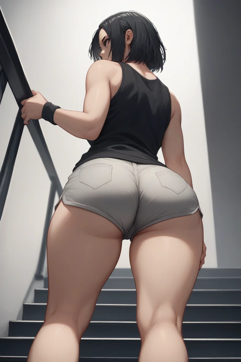 (masterpiece, best quality), 1girl, beautiful face, Videl, white shirt, bike shorts,, white shirt, bike shorts, short hair, messy hair, super tight shorts, Whole body, Big ass, 1girl, sola, Big ass, perfec anatomy, From behind showing ass, perfect ass,