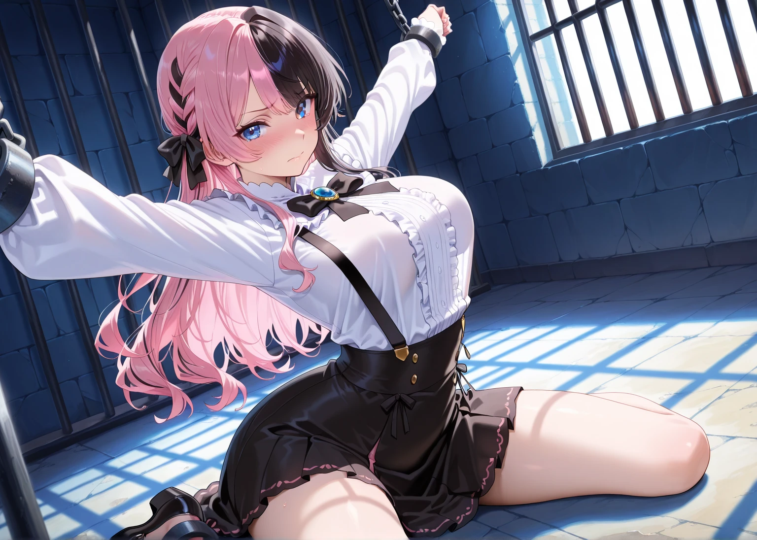 longeyelashes, detailed beautiful face, 4k quality, (arms behind back:1.5), bound arms, Red rope, blushing, , gag, gagged, shibari, bondage, close ups, best quality, highres, standing,high quality, best quality, masterpiece, absurdres, 1girl, blush, bedroom, sitting, vibrator in pantie, tears, embressed, spread legs, m_legs,,((kneeling, arms behind back, bound arm, bound wrists, bound legs, wrists behind waist, rope bondage, shibari over clothes)),(masterpiece:1.2), best quality,best quality,absurdres, highres, best quality, Botan, black top, fur-trim, oionlion ears, messy hair, skirt, messy hair, grey eyes, grey hair, long hair, black nails, sharp nails, dynamic pose, sexy pose, seductively smile, blush, hands behind back,in the jail,jail