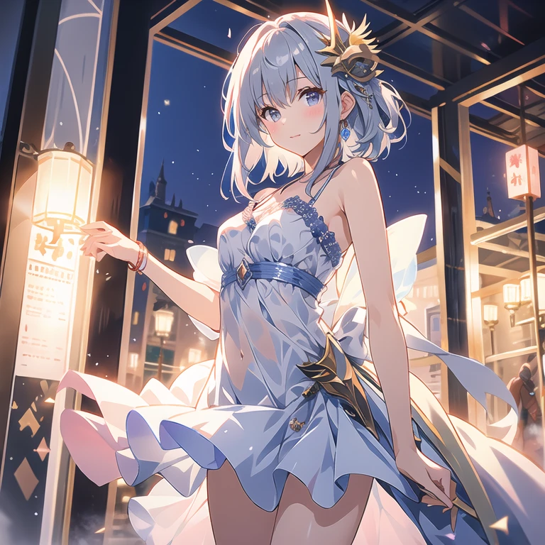Masterpiece, top quality anime illustration, super detailed, single girl, solo, beautiful girl with silver hair, anime loli, cat ear loli, pale golden see-through dancer costume, smile, cleavage enhancement, lower breast emphasis on bare skin, thigh focus, night color
