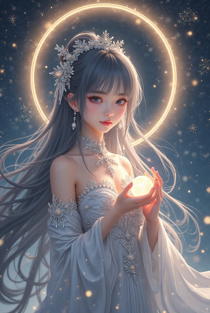 realisticlying,(tmasterpiece,top Quority,best qualtiy,offcial art,Beauty and aesthetics:1.2),The is very detailed,s fractal art,Colorful,Most detailed,zentangle,(abstract backgrounds:1.5)(1girll:1.3),Kamimei,White color hair,(luminous red eyes),mistic,(magia),Ice and snow,((amaryllis)),Hades,hell