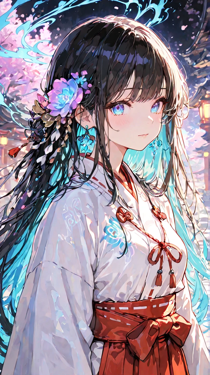 Cute,748cmstyle,,,(masterpiece:1.2, top quality), (beautiful eyes with attention to detail: 1.2), ((1 Beautiful Girl)), (beautiful background:1.2), (Highly Detailed CG, Super Detailed),(Extremely Detailed and Beautiful:1.1), (perfect detail:1.1), (miko), high-quality, cinematic shot of a cyber miko, her face reflecting a profound peace as she silently offers a prayer. Intricate cybernetic enhancements shimmer and pulse with light, subtly woven into her features and traditional miko attire. Data streams swirl and flow around her, creating an ethereal aura that blurs the lines between the spiritual and the technological. The image is masterfully composed, highlighting the miko's serene expression and the mesmerizing detail of her cybernetic enhancements. The contrast between her calming presence and the vibrant energy of the digital world creates a stunning visual narrative, making the image rich with intricate details and an otherworldly ambiance.