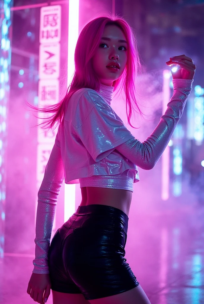 show off nipple,Ultra-realistic 8K CG，Perfect face，Perfect perfection，Len，masterpiece，Professional artwork，Famous works of art，Perfect face，Beautiful Face，美しいeye，（（Perfect female body）），song：1.2），（Immersive atmosphere，Light and dark contrast：1.5，bright光:1.2,bright),,(Blush Lash:0.5),Captivating look,Ultimate detail_eye,Rough and hard,Medium chest,Exquisite background,Depth of written boundary,Photorealistic:1.3,Vision,One girl,，Combat Stance，Full Body Lesbian，（Ambient Light：1.3），（Cinematic composition：1.3），（Neon Light：0.1），（High resolution：0.1），Accent lighting，Black shorts，Pink Hair，，Black short sleeve