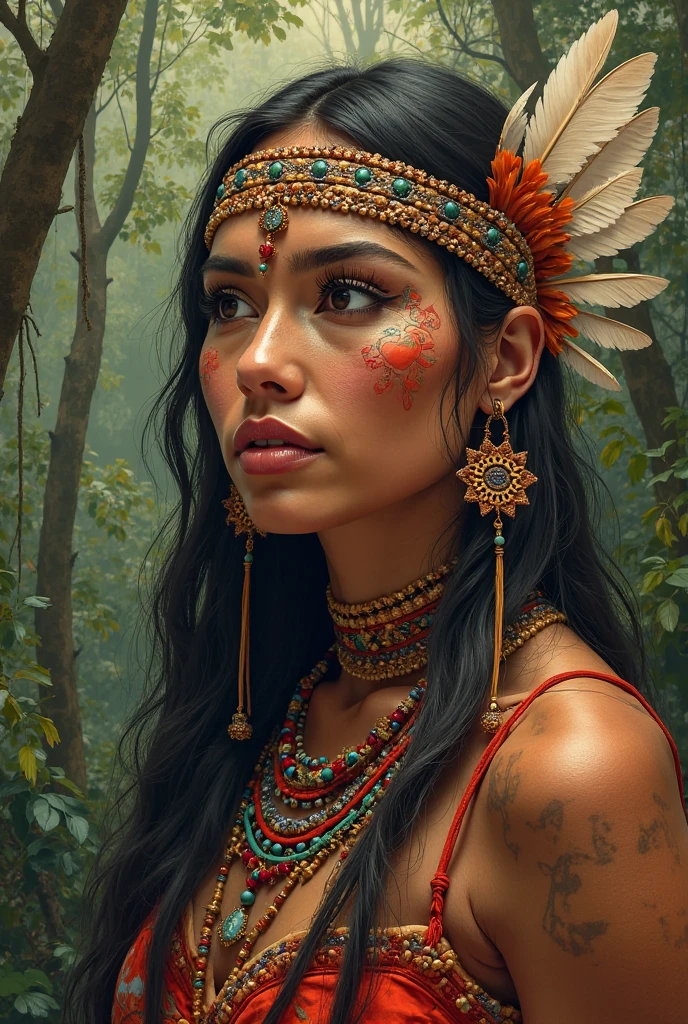 Indigenous woman, red skin, Brazilian, 8k, digital art