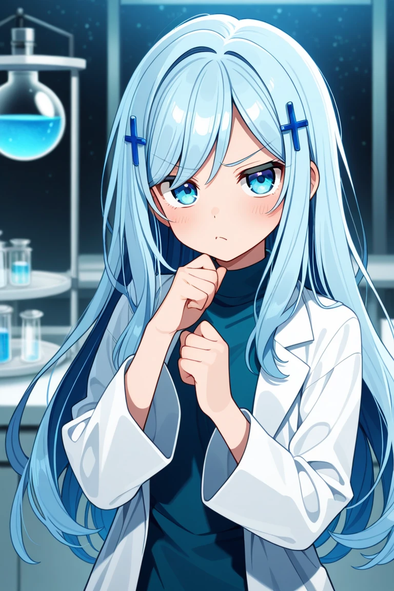 masterpiece, best quality, high quality, exquisite, medium hair, ponytail, blunt bangs, shiny hair, wavy hair, ((light blue hair,)) blue eyes, jitome, tareme, droopy eyes, pale skin, shiny skin, tiny, , small breasts, sailor uniform, ((lab coat,)) (black pantyhose,) glasses, blush, 10-year-old, ((((torn clothes,))))
