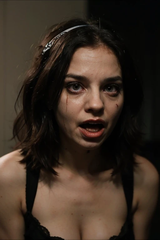 1 woman, zombie, zombie woman, brain exposed, Half-length shot of a zombified woman, wearing an elegant dress in a baroque hall, horror film, aristocratic aesthetic, ultra detailed, photorealistic, masterpiece. white eyes, ultra pale skin, green blood all over the body, torn clothes, open mouth letting drool fall