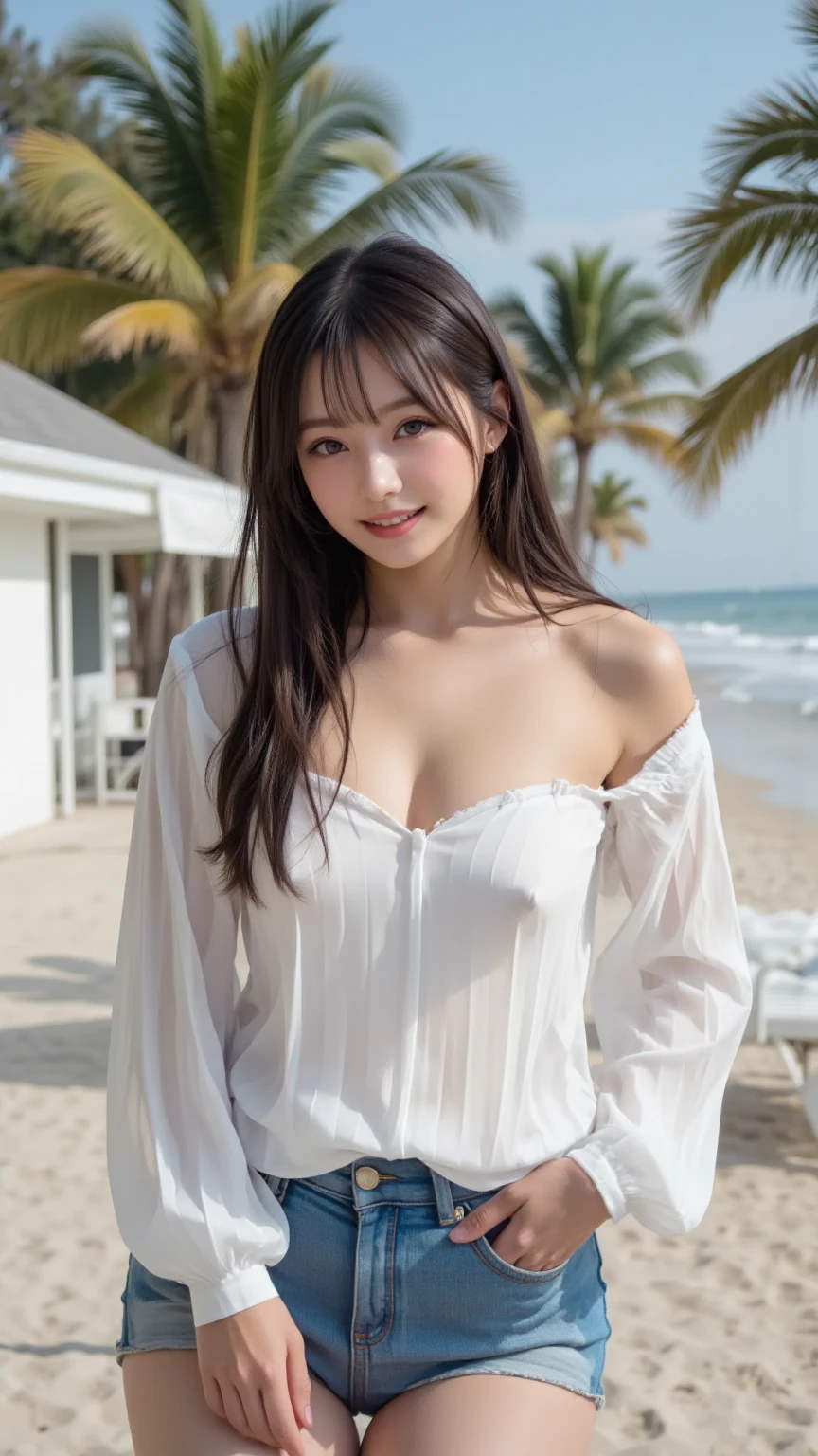 (Realistic),masterpiece,best quality,cinematic lighting,natural shadow,highest detail,professional photography,detailed background,depth of field,insane details,intricate,aesthetic,detailed face,subsurface scattering,realistic hair,realistic eyes,Dolly Shot,looking at viewer,
1girl,photo of a cute girl,light smile,charming,20yo,Lavender hair,Lob (Long Bob) Hair,Hair flaps,full body,Walking,white shirt,
<lora:edgBIC:1>,edgBIC,bikini under clothes,see-through,wearing edgBIC,BREAK
Secluded islands,white sandy beaches,crystal-clear waters,tropical foliage,marine life,relaxation,
<lora:æ³å
:0.5>,<lora:add_detail:1>,