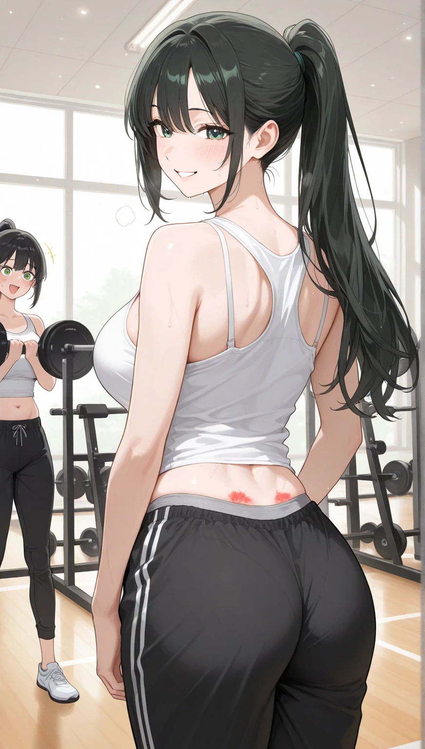 2 Asian girls, both farting side by side, desperate to poop, in gym, farting while working out, stomach growling, wearing yoga pants and exercise clothes, malaysian chinese girl, tomboy, stomach bloated, hands hugging stomach, pained expression, shocked and embarrassed, mouth open in shock, blushing, beautiful and cute face, anime art style, fit body, tall and thin, view from front