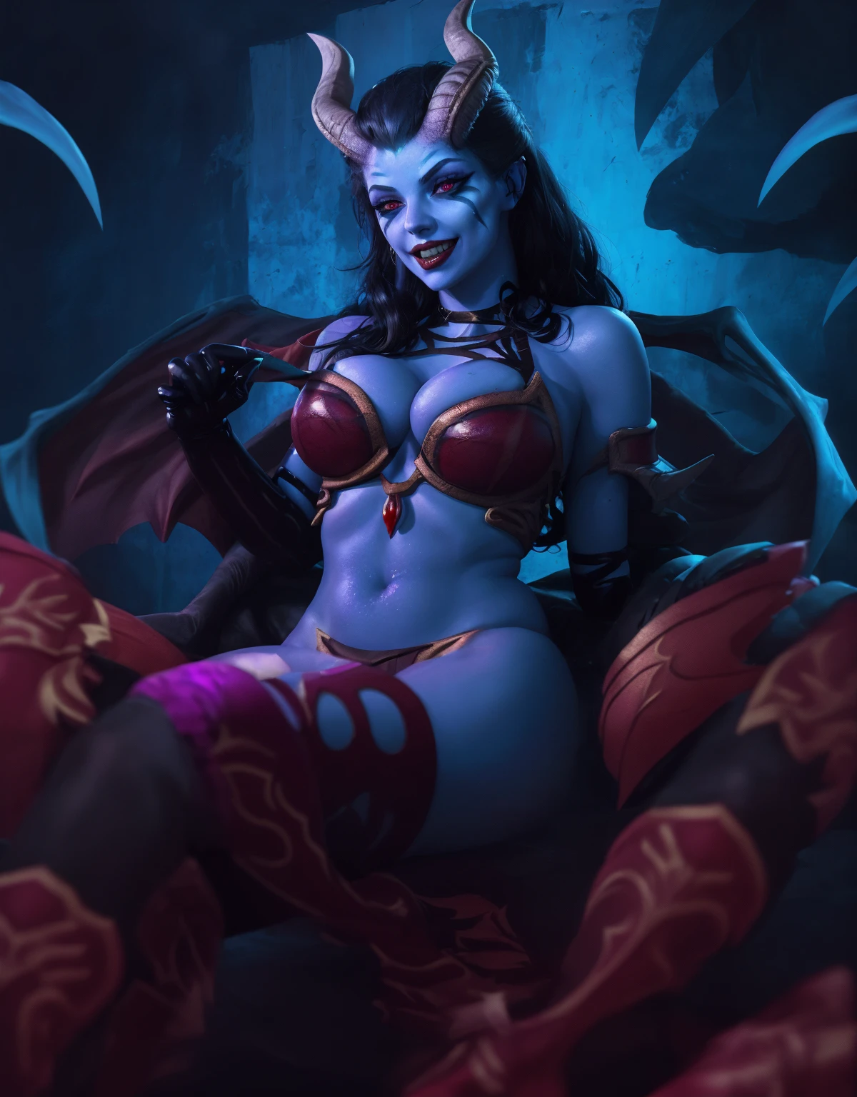 (masterpiece, top quality, best quality, official art, beautiful and aesthetic:1.2), (1girl:1.3), (black hair in big (ponytail)), extremely detailed, portrait, looking at viewer, solo, (full body:0.6), detailed background, close up, (hot medieval church theme:1.1), blue Tiefling, female, horns, tail, wings, long hair, tail, black hair, dragon girl, dragon horns, blood, scales, dragon wings, (((blue skin), colored skin)), extremely busty Tiefling, charlatan, wicked grin, sultry smirk, forked tongue, mysterious, seducing in a cathedral, black ram horns, curled horns, curved horns, demon horns, skimpy leather (sports bra), sleeveless, fingerless gloves, claws, shotgun, ammo belt, shotgun shells, black leather, thong, thigh-high boots, bracers, boots, buckles, straps, ((((gigantic breasts, cleavage, skindentation)))), slendered abs, cute belly button, slim waist, slim hips, long legs, athletic, stained glass windows, candlelight, Medieval Europe, (((Cathedral exterior background:1.2))), dark mysterious lighting, shadows, magical atmosphere, dutch angle