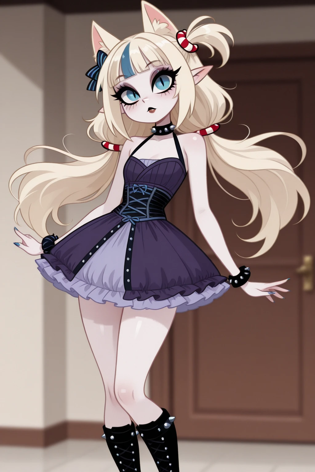 Anime line art, (monochrome), black and white, (colorless), Full body image of latex fashion girl with HARD SHARP lines, young cute, Japanese cartoons, Lovely, light blond shiny hair in long pigtails, (Navel tattoo), shiny black Latex flowing skirt, blue latex corset and a black skirt. She has long blonde hair styled in two cat ears with pink tips. The girl is also wearing a pink choker necklace. black Latex gloves, Latex knee-high boots, High-gloss finish, Super detailed, (basement), 8K.
