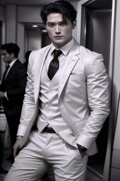 Exu blocks the street dressed in a white suit, white tie and white top hat