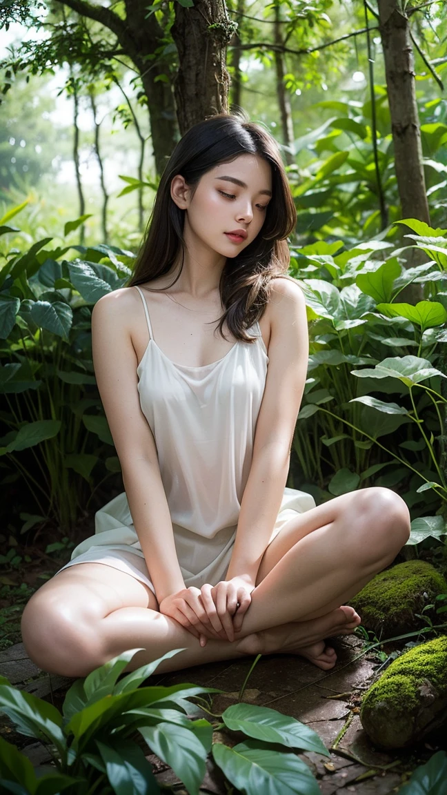 8k, raw, Perfect light effect, psychedelic forest, small earrings,necklace,beauty, Pubic protrusion, Slender legs, White and tender skin, White transparent jewelry embellished hollow one-piece, big breasts,split,Look through the clothes,poke nipples,Open shirt with hands、spread legs、pubic hair is visible、panties are visible、Vagina shape is visible、The body is wet with water、Exquisitehands