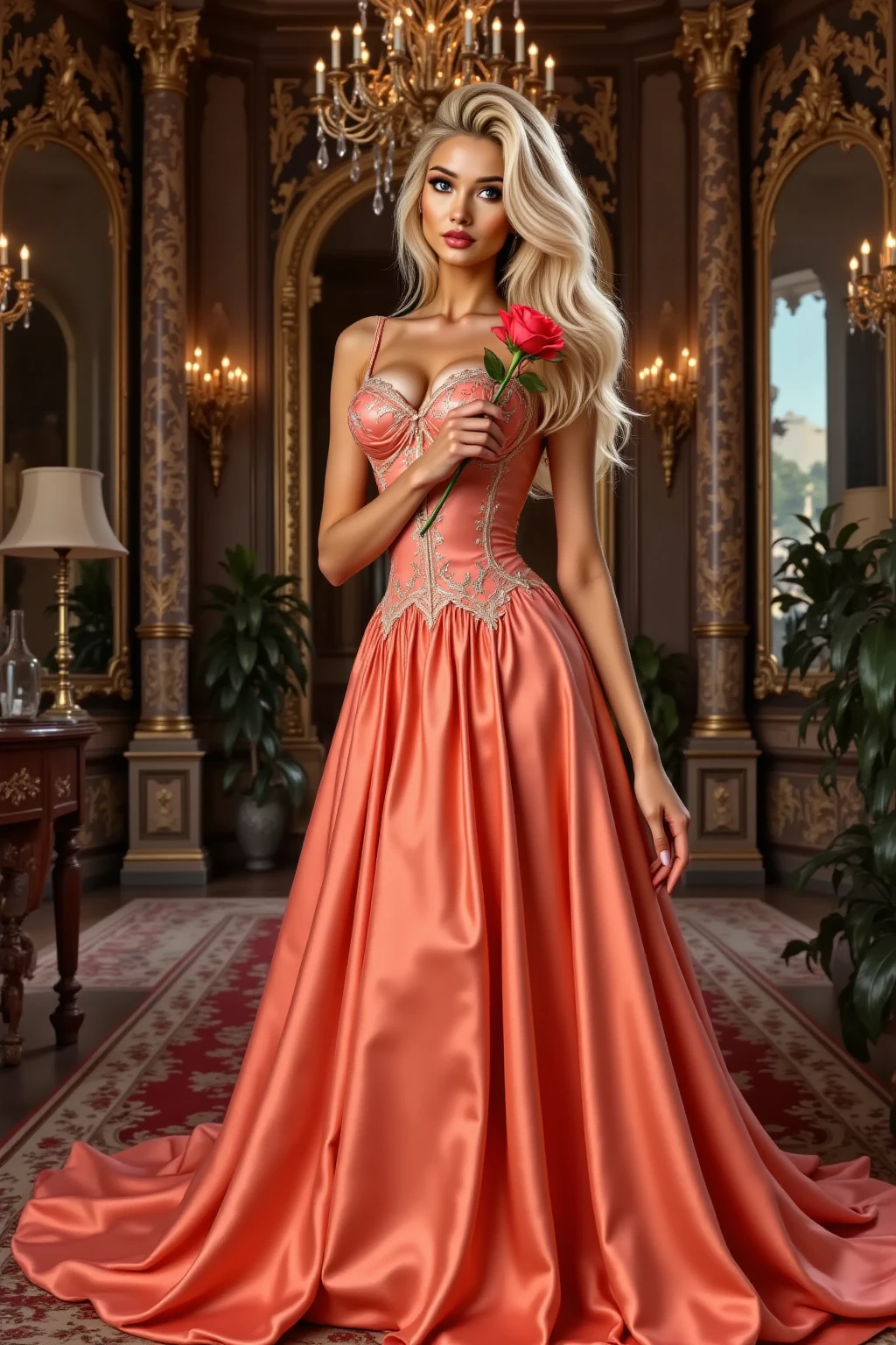 Cocktail_Dress, Masterpiece, high quality, 4K, beautiful design, shiny, from the front, award winning photo, extremely detailed, amazing, fine detail, absurdres, highly detailed blonde woman, extremely detailed eyes and face, by lee jeffries nikon d850 film stock photograph 4 kodak portra 400 camera f1.6 lens rich colors hyper realistic lifelike texture dramatic lighting unrealengine trending on artstation cinestill 800 tungsten, 1girl, solo, expressive look, (smiling seductively,puffy lips, very detailed face [Elsa Jean|Sophia Loren]:1.155) HDR, highest quality, sexy dress, sharp focus, looking at viewer, facing viewer, 4k,emerald green eyes beautifully detailed,a woman in a green dress standing in a doorway, dress covered in red flower petals, golden embroidery, wearing a Cocktail_Dress<lora:Cocktail_Dress:0.75>, full body picture,