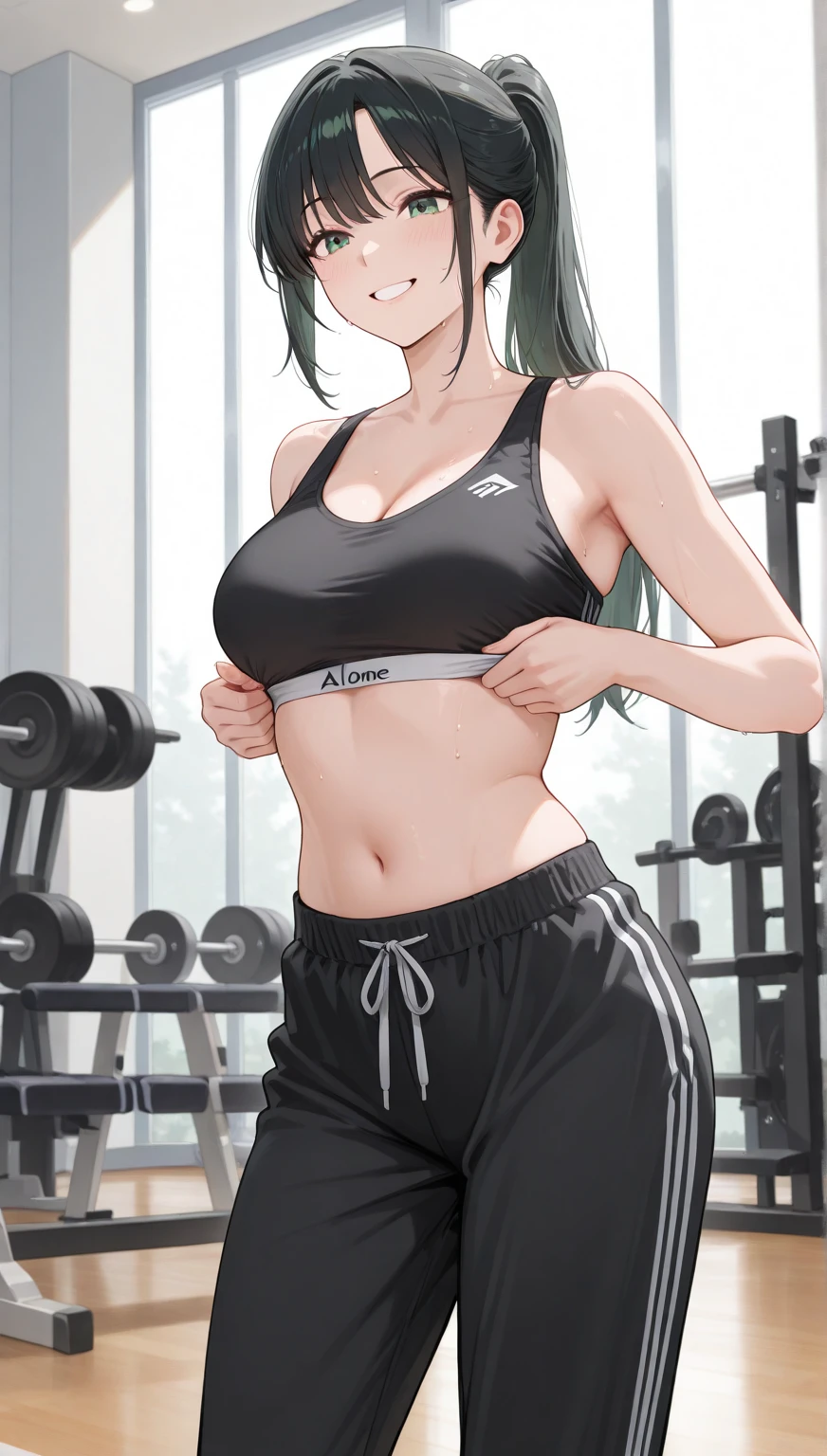 indoor,gym,wide hips,shiny black yoga pants,shiny black sport bra,((sensitive smile)),medium hair,((blunt bangs)),(light Purple eyes),beautiful skin,(shiny skin),black hair,(large breasts:1.5),(shiny hair),((solo)),((masterpiece)),((best quality)),perfect anatomy,slim waist,perfect image,8k UHD,(beautiful detailed eyes:1.3),extremely detailed face,standing,(upper body:1.2),(look at the front:1.5),arms behindback,ultra-detailed,absurdres,highres,sexy mature women,30 yearls-old,mature female,
