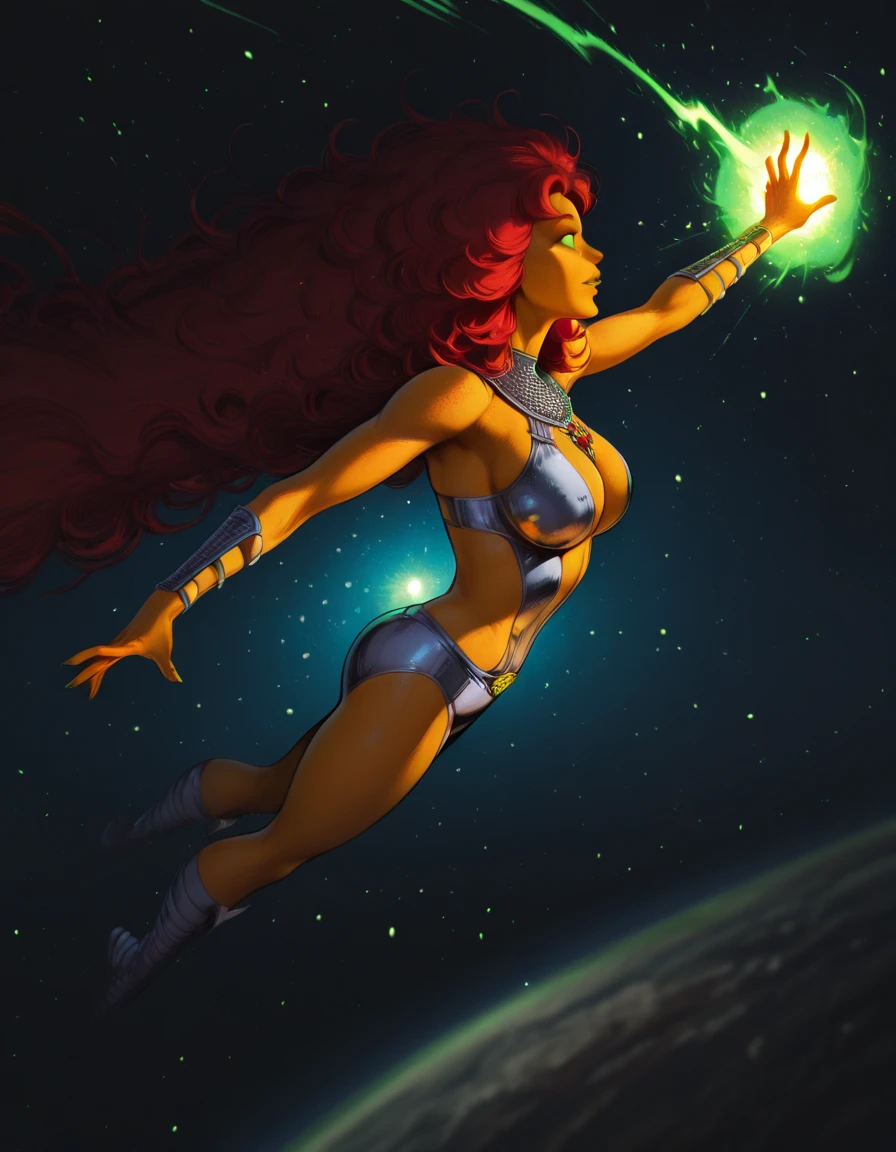 The panel is a masterclass in cheesecake comic book art, depicting the buxom and scantily-clad Galaxia, Defender of the Cosmos, locked in furious battle against a grotesque, tentacled alien abomination.
In the foreground, Galaxia strikes an exaggerated, hip-cocked pose that accentuates her hourglass figure and ample curves. Her skimpy, iridescent stardust "uniform" can barely contain her heaving bosom as she unleashes cosmic energies. The thin strips of stardust provide little more than strategically-placed coverings that highlight her toned legs, chiseled abs, and shapely derriere.
Galaxia's wild, gravity-defying scarlet tresses whip around her beautiful yet fiercely determined features. Her full, pouting lips are curled in a primal snarl of exertion as stellar fire courses over her exposed, flawless skin. The heroine's eyes, narrowed sultrily, still burn with the intensity of stellar furnaces.
Every curve and muscle of Galaxia's statuesque, voluptuous form seems to glow from within with the radiant, golden power of a supernova as she unleashes incandescent stardust beams towards the alien horror. Her shapely legs are tensed, exaggerating her muscular thighs and calves.
Behind the scantily-clad cosmic vixen, the multi-tentacled alien behemoth rears up, its grotesque, phallic appendages thrashing. The monster's gaping, slavering maw unhinges in a soundless roar as radioactive flesh sloughs from its putrid form under Galaxia's relentless onslaught.
On the blasted lunar surface, Galaxia's stellar energies cast deep shadows accentuating her gravity-defying breasts and curves. Her hourglass silhouette is rendered in exaggerated, stylized proportion against the desolate alien backdrop.